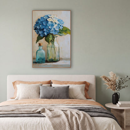 Blue Hydrangea Glass Bottles Still Life wall art in a bright coastal-style room – blue hydrangea in a green glass vase