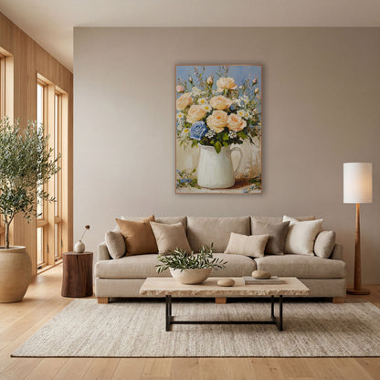 Blue Rose Cream Pitcher Coastal wall art in a bright coastal-style room – bouquet of peach roses, white daisies