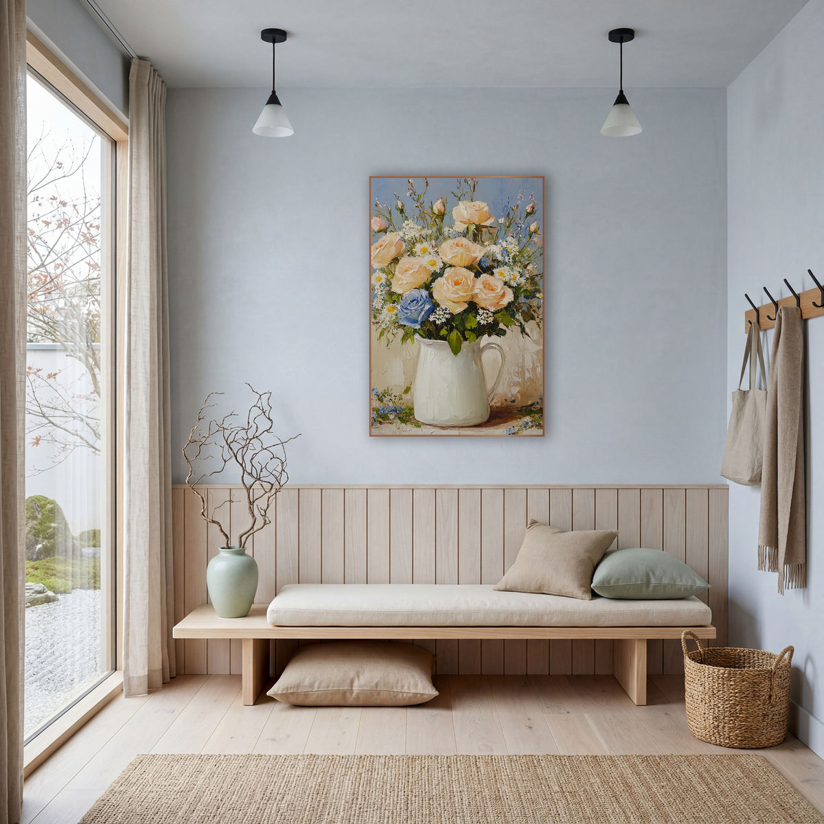 Blue Rose Cream Pitcher Coastal wall art in a bright coastal-style room – bouquet of peach roses, white daisies