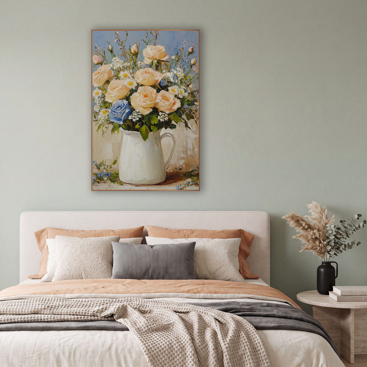 Blue Rose Cream Pitcher Coastal wall art in a bright coastal-style room – bouquet of peach roses, white daisies