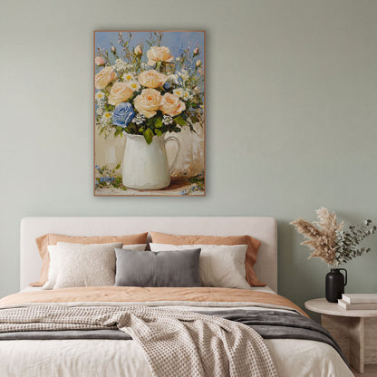 Blue Rose Cream Pitcher Coastal wall art in a bright coastal-style room – bouquet of peach roses, white daisies