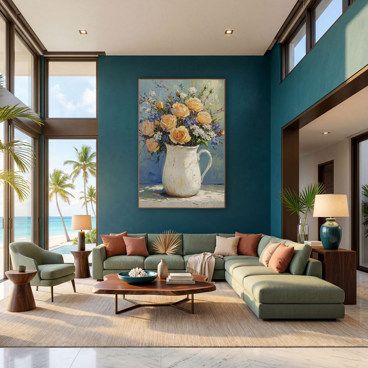 Apricot Roses Delphinium Pitcher Farmhouse wall art in a bright coastal-style room – peach roses with blue and white