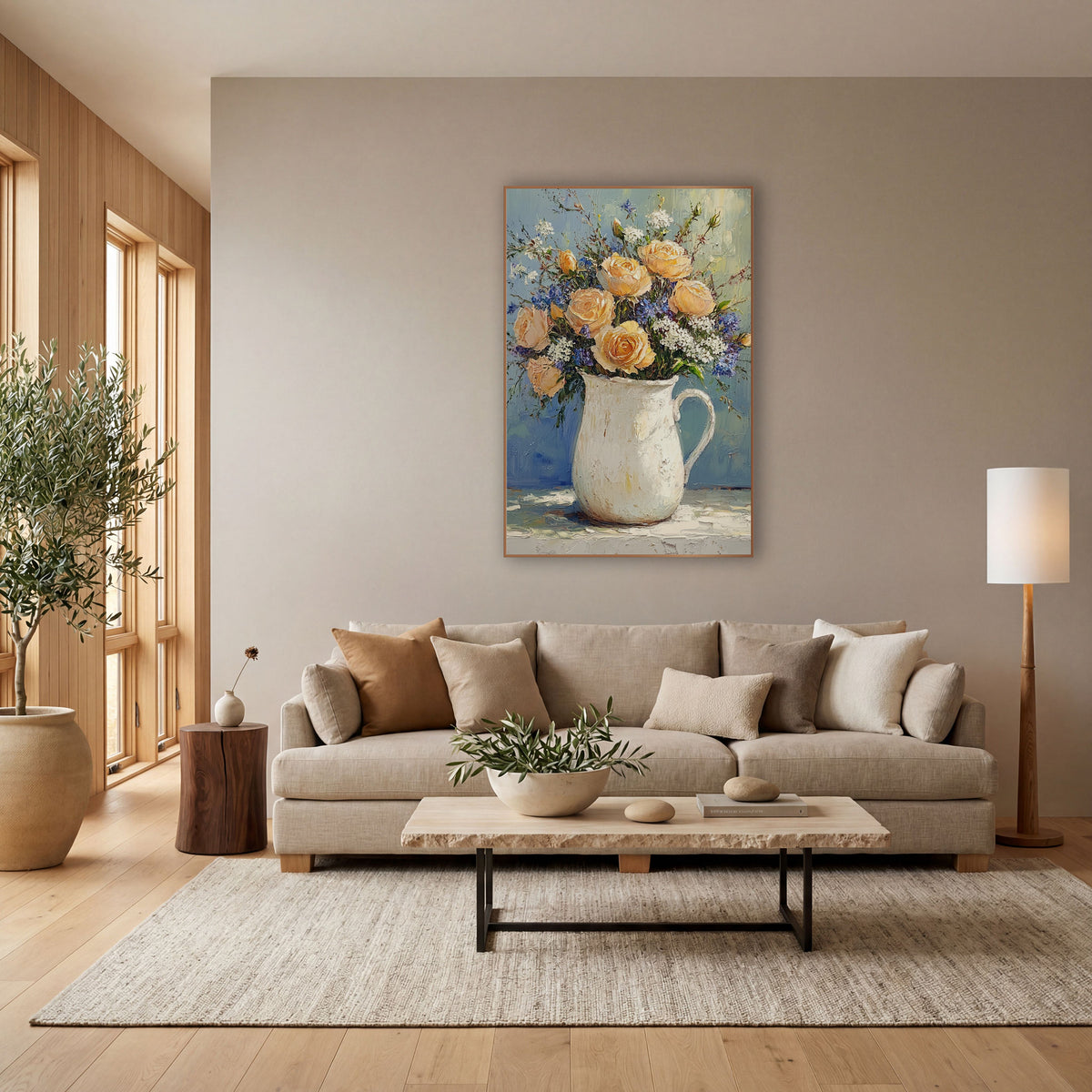 Apricot Roses Delphinium Pitcher Farmhouse wall art in a bright coastal-style room – peach roses with blue and white