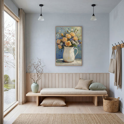 Apricot Roses Delphinium Pitcher Farmhouse wall art in a bright coastal-style room – peach roses with blue and white