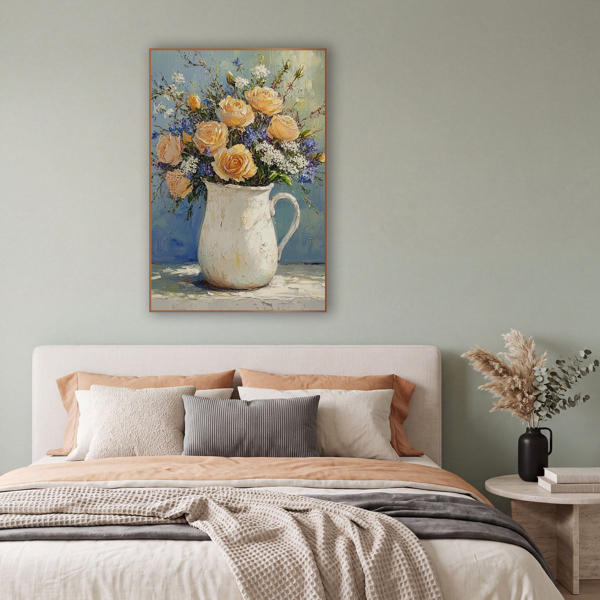 Apricot Roses Delphinium Pitcher Farmhouse wall art in a bright coastal-style room – peach roses with blue and white