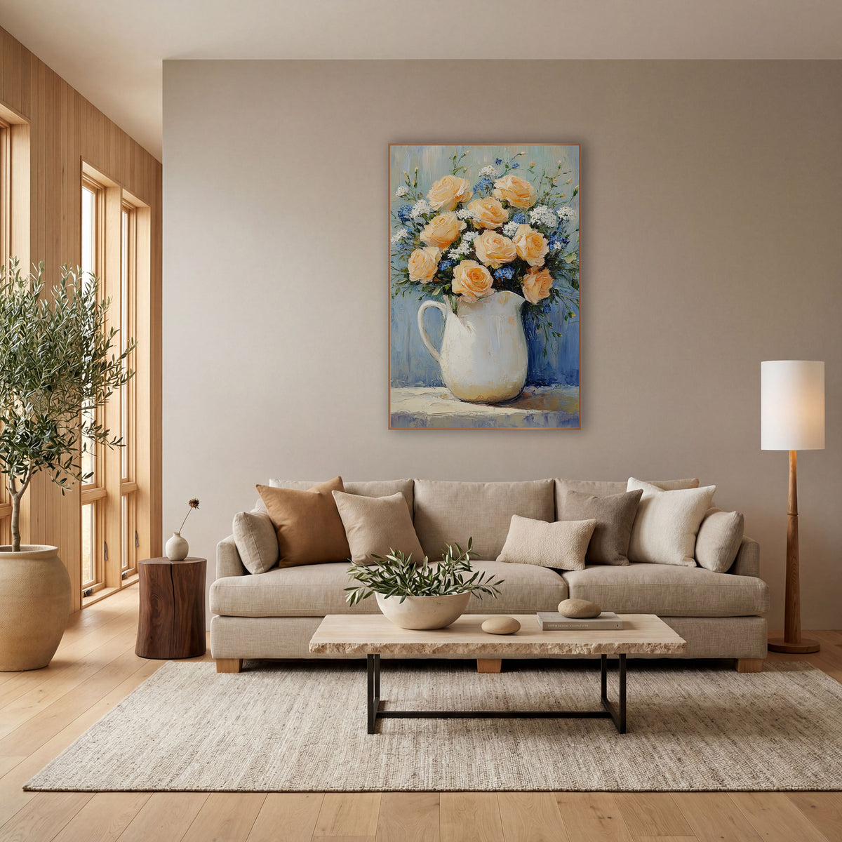 Left Handle Peach Bouquet Cottage wall art in a bright coastal-style room – peach roses with small blue and white