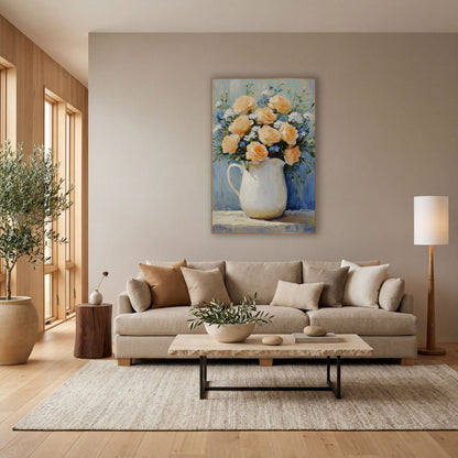 Left Handle Peach Bouquet Cottage wall art in a bright coastal-style room – peach roses with small blue and white