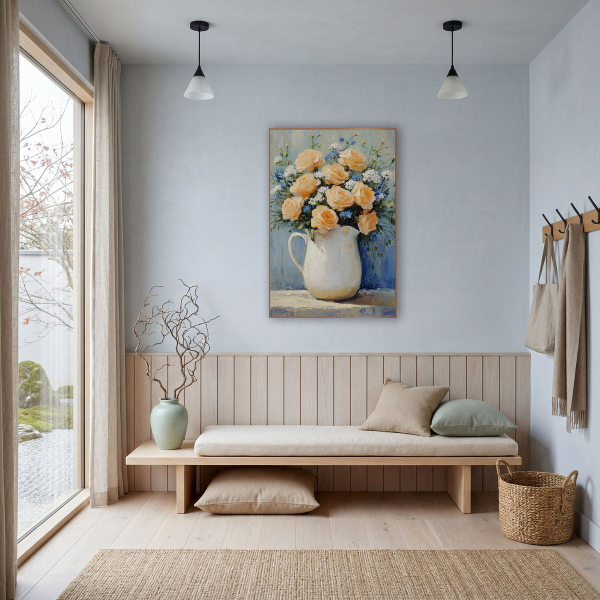 Left Handle Peach Bouquet Cottage wall art in a bright coastal-style room – peach roses with small blue and white