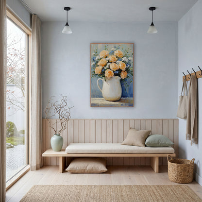 Left Handle Peach Bouquet Cottage wall art in a bright coastal-style room – peach roses with small blue and white