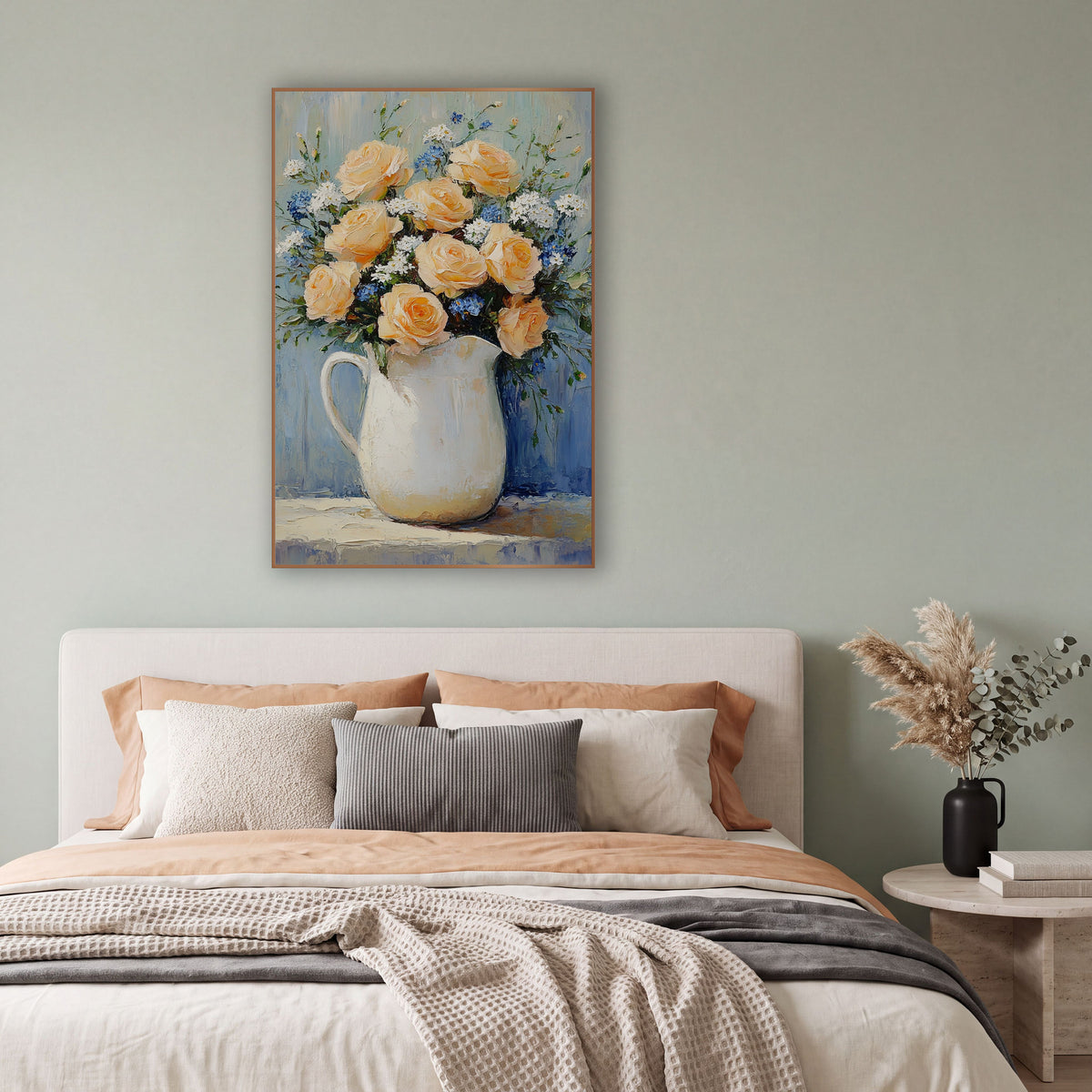 Left Handle Peach Bouquet Cottage wall art in a bright coastal-style room – peach roses with small blue and white