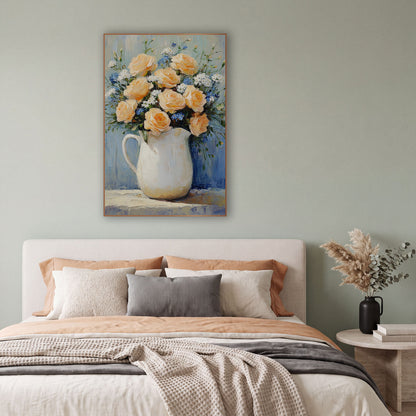 Left Handle Peach Bouquet Cottage wall art in a bright coastal-style room – peach roses with small blue and white
