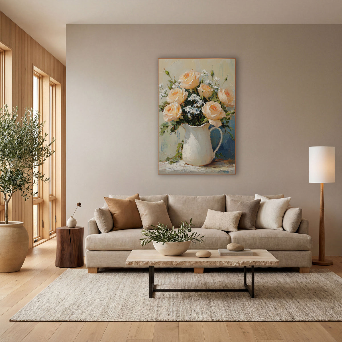 Blush Roses Sage Backdrop Classic wall art in a bright coastal-style room – peach roses and small white flowers