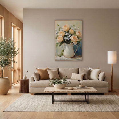 Blush Roses Sage Backdrop Classic wall art in a bright coastal-style room – peach roses and small white flowers