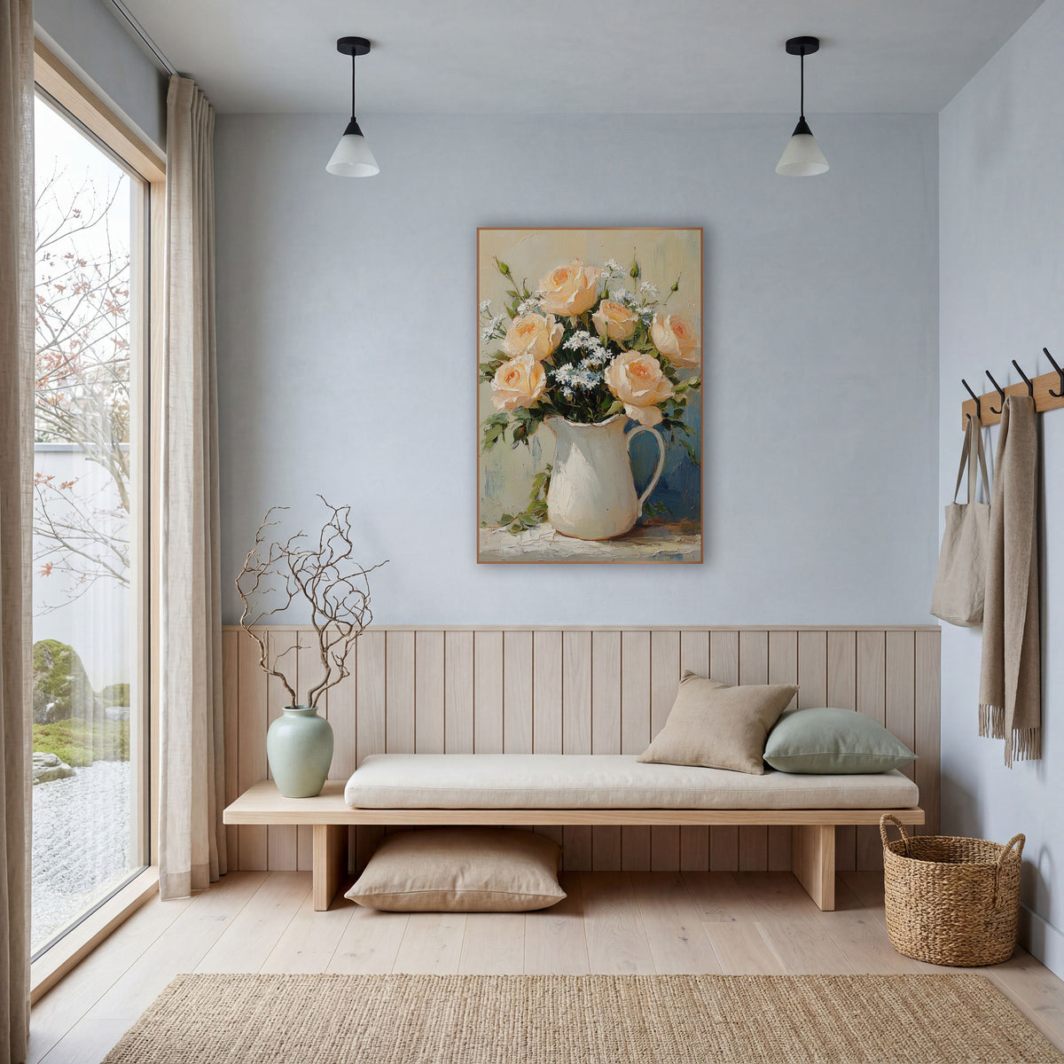 Blush Roses Sage Backdrop Classic wall art in a bright coastal-style room – peach roses and small white flowers