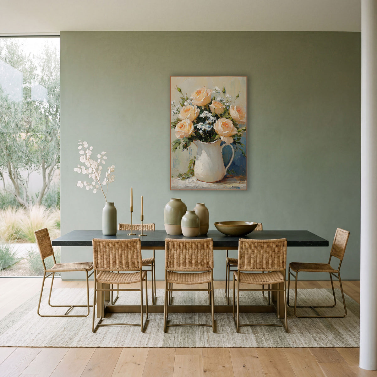 Blush Roses Sage Backdrop Classic wall art in a bright coastal-style room – peach roses and small white flowers