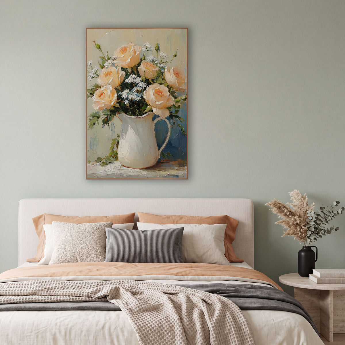 Blush Roses Sage Backdrop Classic wall art in a bright coastal-style room – peach roses and small white flowers
