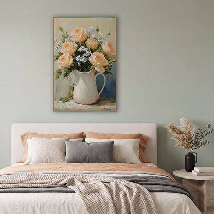 Blush Roses Sage Backdrop Classic wall art in a bright coastal-style room – peach roses and small white flowers