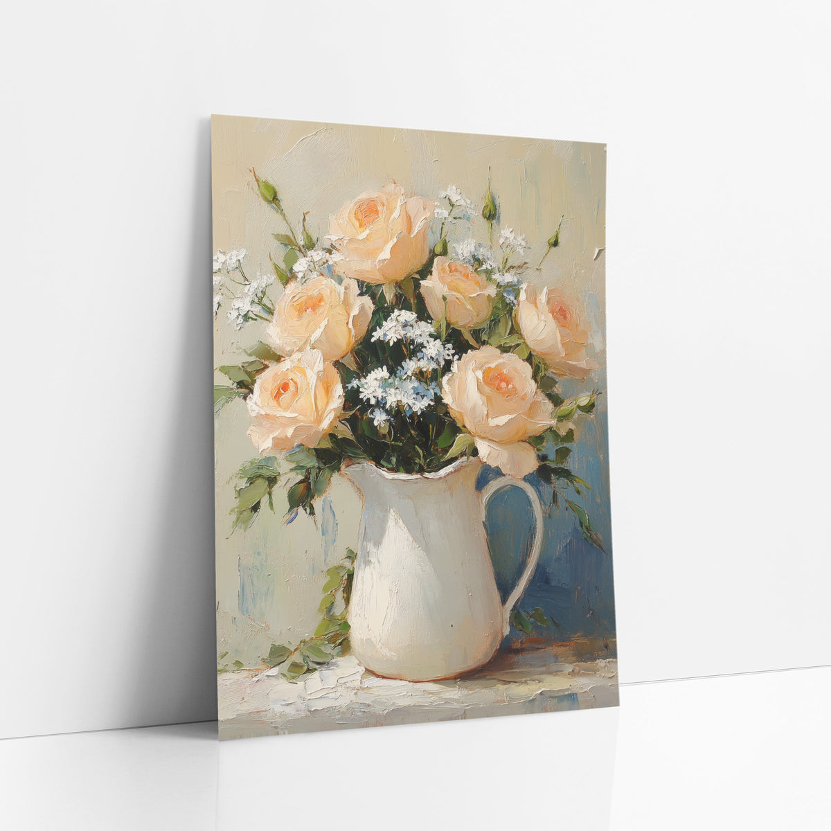 Blush Roses Sage Backdrop Classic art print leaning against a white wall – peach roses and small white flowers in a white