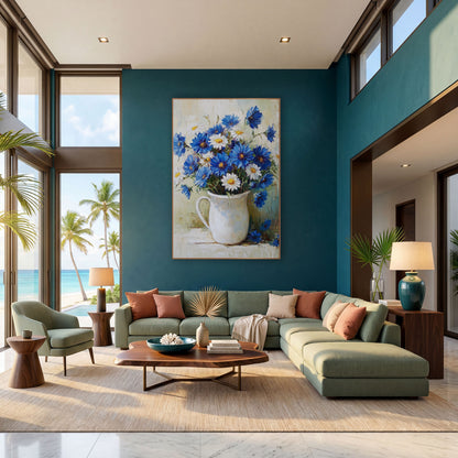 Cornflower Daisy Pitcher Pale Teal Farmhouse wall art in a bright coastal-style room – bouquet of blue flowers