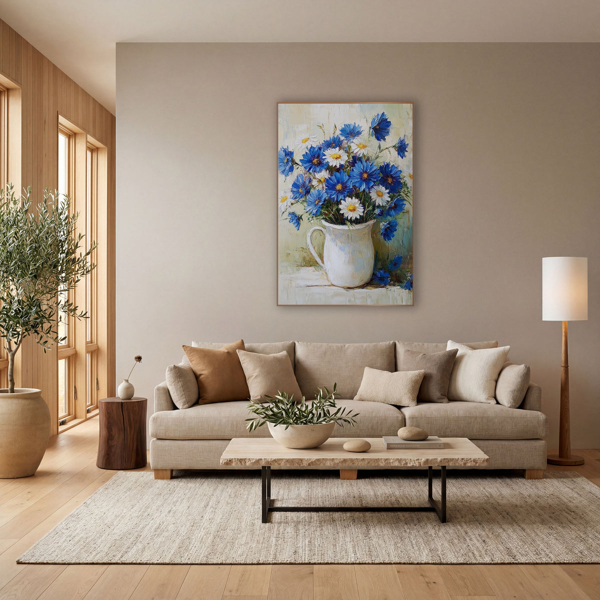 Cornflower Daisy Pitcher Pale Teal Farmhouse wall art in a bright coastal-style room – bouquet of blue flowers