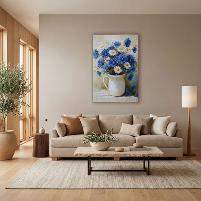 Cornflower Daisy Pitcher Pale Teal Farmhouse wall art in a bright coastal-style room – bouquet of blue flowers