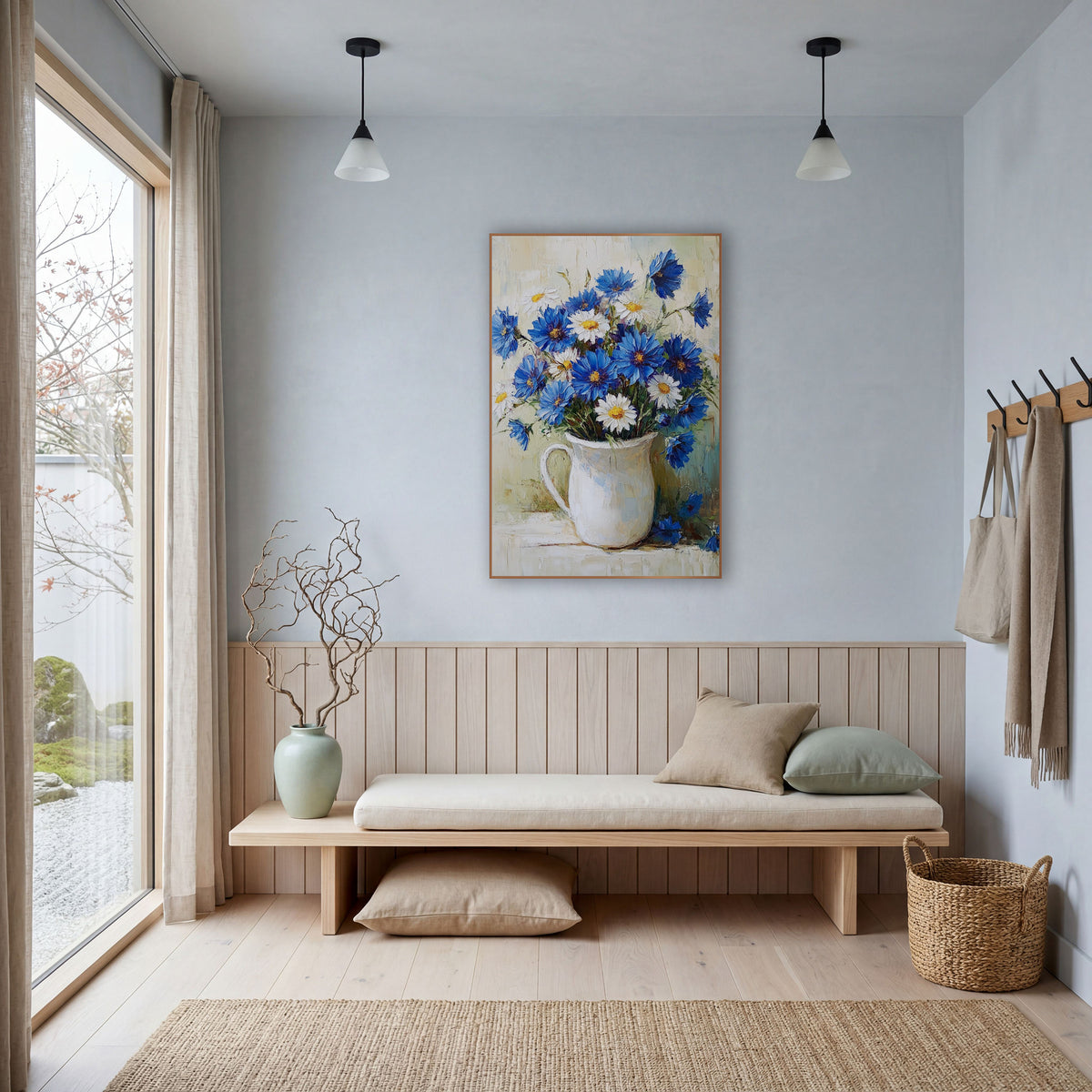 Cornflower Daisy Pitcher Pale Teal Farmhouse wall art in a bright coastal-style room – bouquet of blue flowers