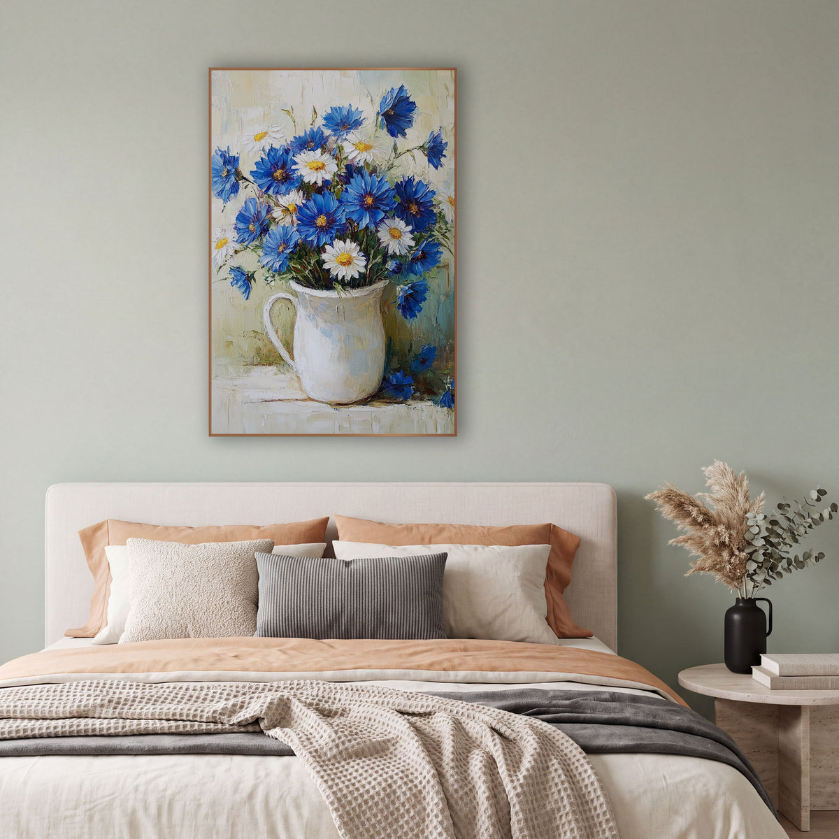 Cornflower Daisy Pitcher Pale Teal Farmhouse wall art in a bright coastal-style room – bouquet of blue flowers
