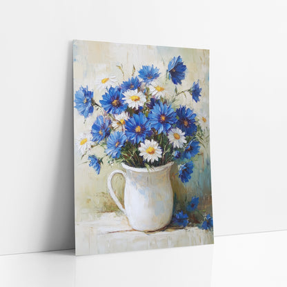 Cornflower Daisy Pitcher Pale Teal Farmhouse art print leaning against a white wall – bouquet of blue flowers and white