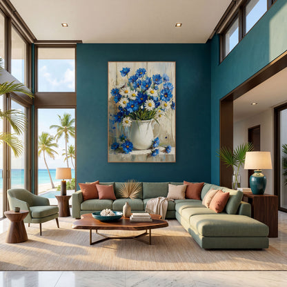 Blue Cornflower White Pitcher Floral wall art in a bright coastal-style room – blue cornflowers and white daisies