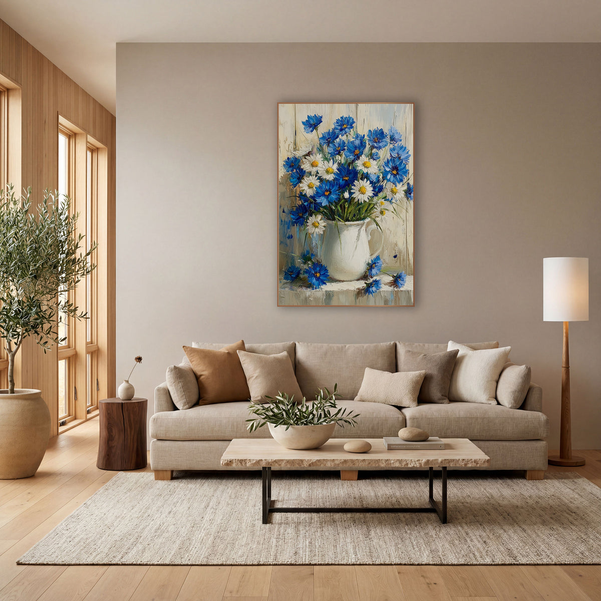 Blue Cornflower White Pitcher Floral wall art in a bright coastal-style room – blue cornflowers and white daisies