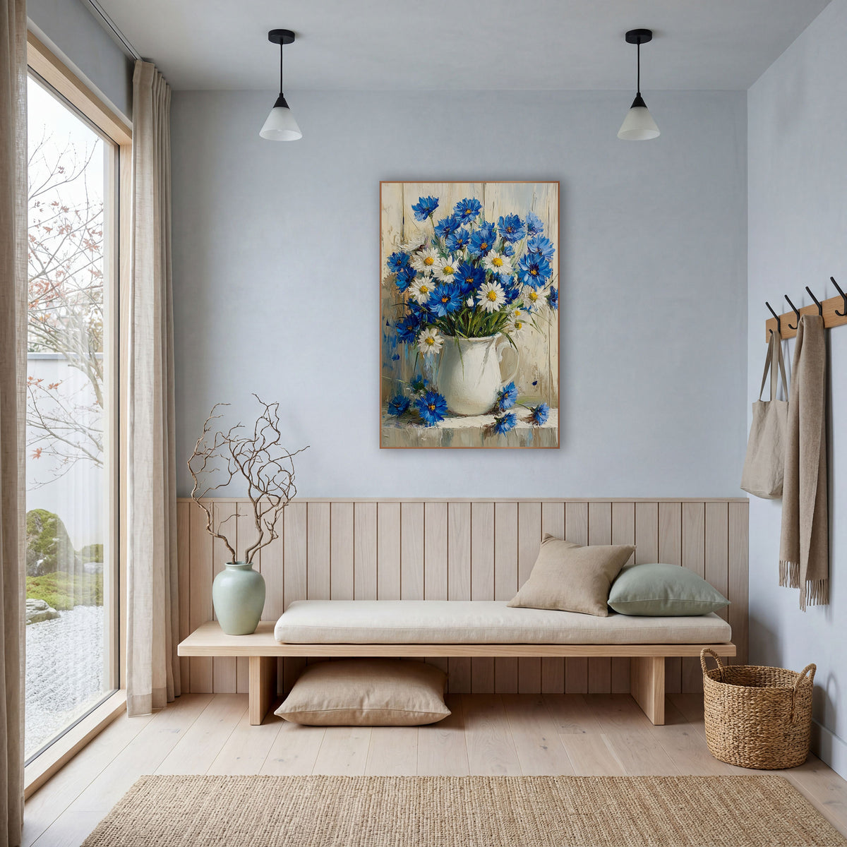 Blue Cornflower White Pitcher Floral wall art in a bright coastal-style room – blue cornflowers and white daisies