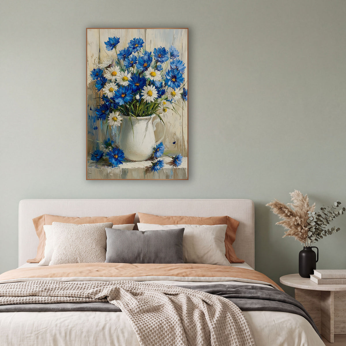 Blue Cornflower White Pitcher Floral wall art in a bright coastal-style room – blue cornflowers and white daisies