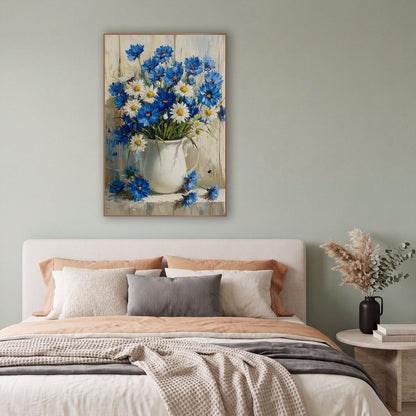 Blue Cornflower White Pitcher Floral wall art in a bright coastal-style room – blue cornflowers and white daisies