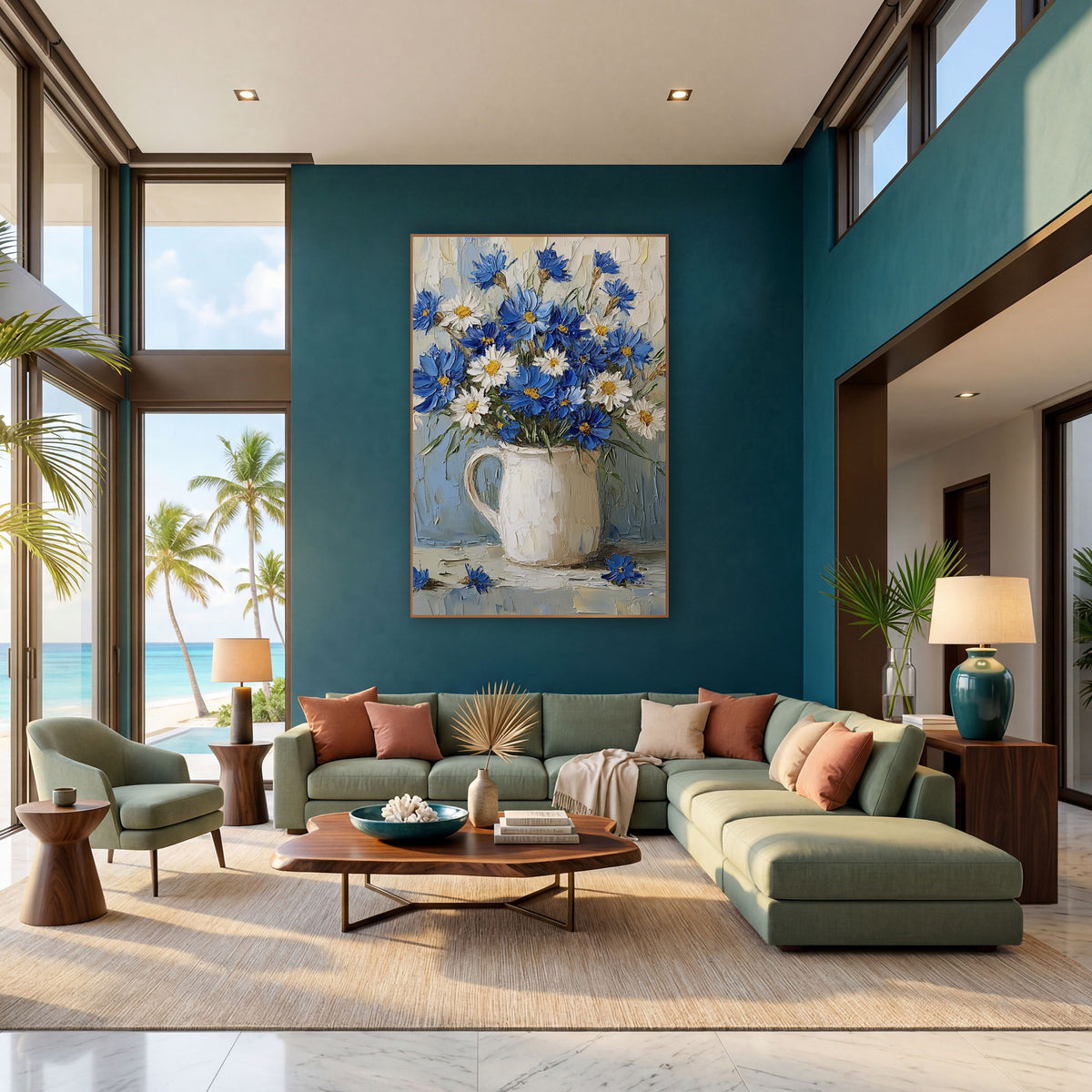Periwinkle Cornflower Daisy Bouquet Coastal wall art in a bright coastal-style room – bouquet of blue cornflowers