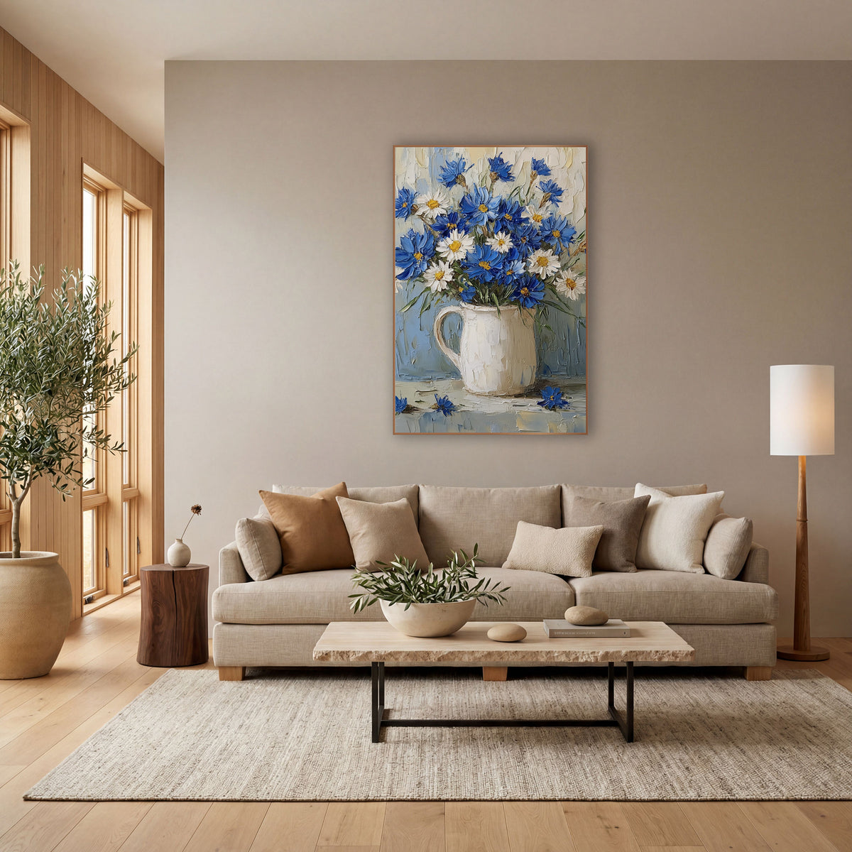 Periwinkle Cornflower Daisy Bouquet Coastal wall art in a bright coastal-style room – bouquet of blue cornflowers