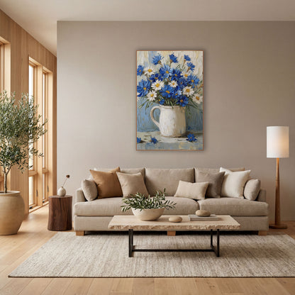 Periwinkle Cornflower Daisy Bouquet Coastal wall art in a bright coastal-style room – bouquet of blue cornflowers