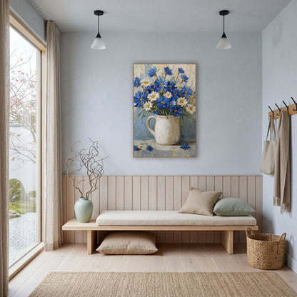 Periwinkle Cornflower Daisy Bouquet Coastal wall art in a bright coastal-style room – bouquet of blue cornflowers