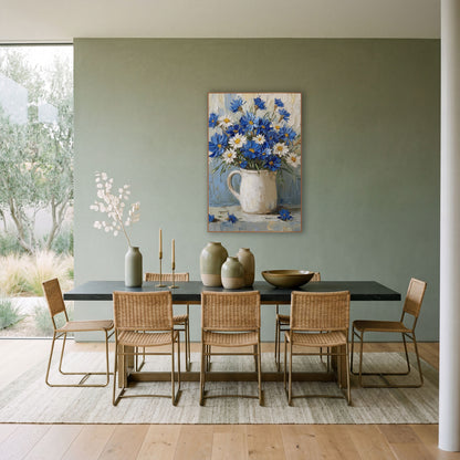 Periwinkle Cornflower Daisy Bouquet Coastal wall art in a bright coastal-style room – bouquet of blue cornflowers