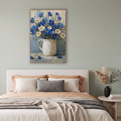 Periwinkle Cornflower Daisy Bouquet Coastal wall art in a bright coastal-style room – bouquet of blue cornflowers