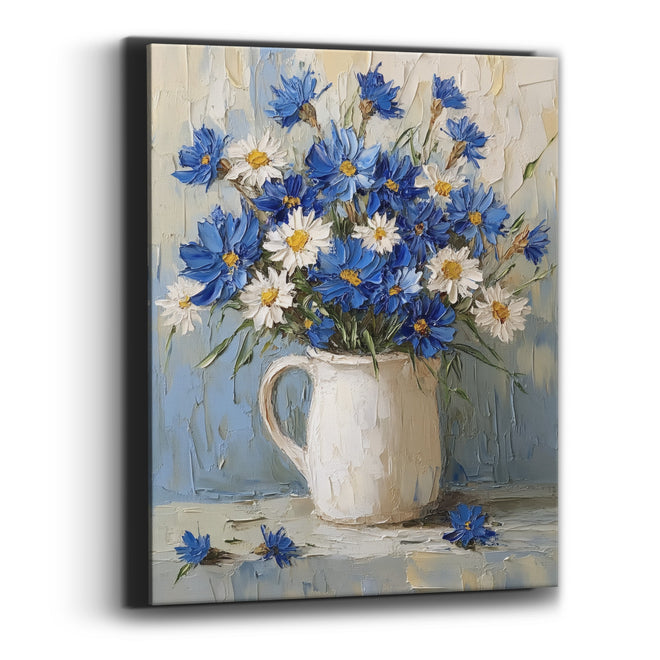 Periwinkle Cornflower Daisy Bouquet Coastal Canvas Wall Art
