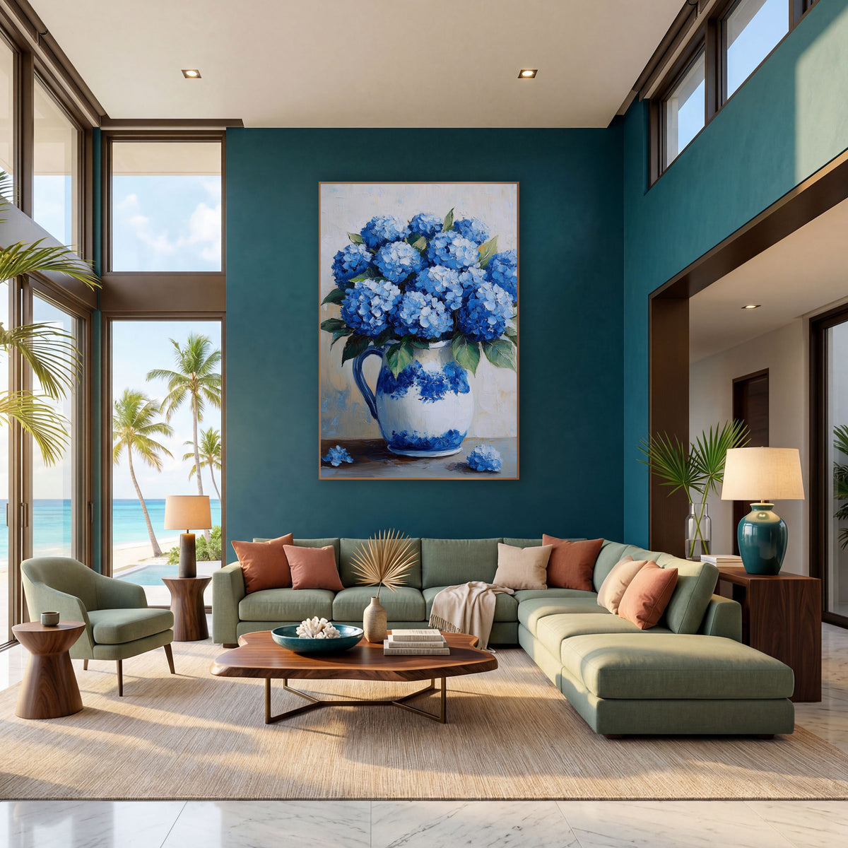 Blue Hydrangea Fallen Blooms Coastal wall art in a bright coastal-style room – blue hydrangea bouquet in a white
