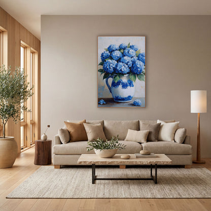 Blue Hydrangea Fallen Blooms Coastal wall art in a bright coastal-style room – blue hydrangea bouquet in a white