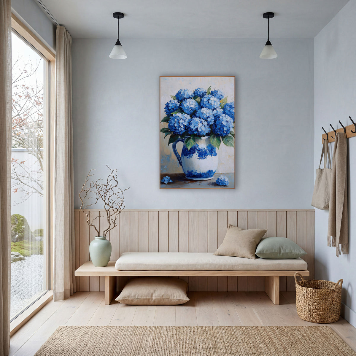 Blue Hydrangea Fallen Blooms Coastal wall art in a bright coastal-style room – blue hydrangea bouquet in a white