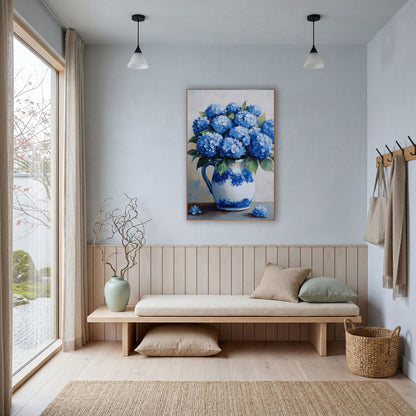 Blue Hydrangea Fallen Blooms Coastal wall art in a bright coastal-style room – blue hydrangea bouquet in a white
