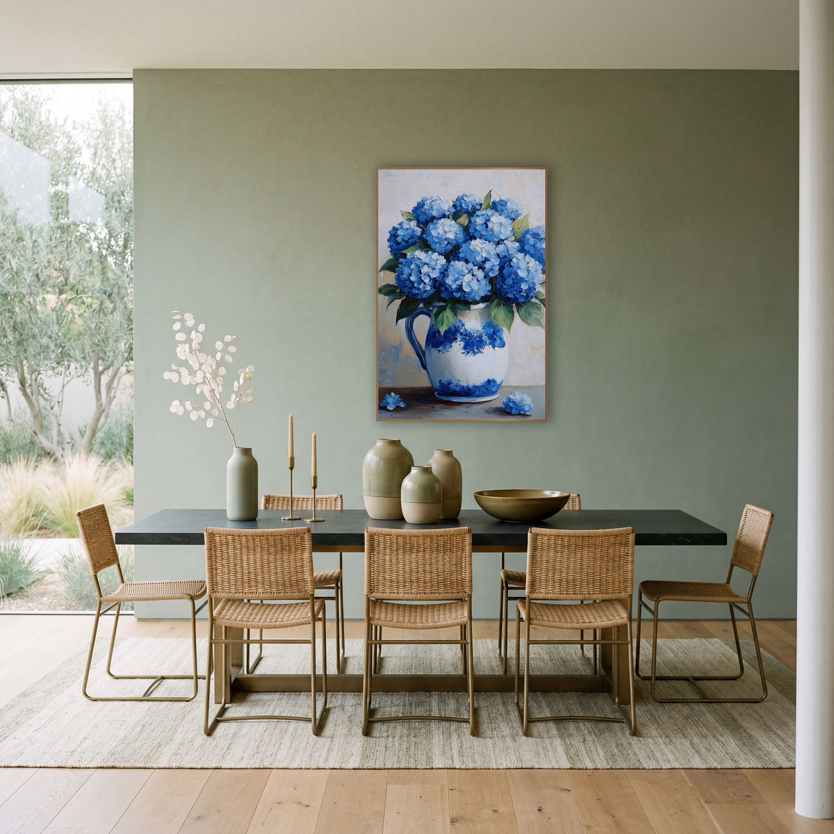 Blue Hydrangea Fallen Blooms Coastal wall art in a bright coastal-style room – blue hydrangea bouquet in a white