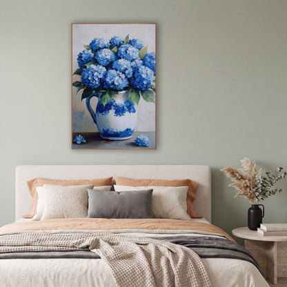 Blue Hydrangea Fallen Blooms Coastal wall art in a bright coastal-style room – blue hydrangea bouquet in a white