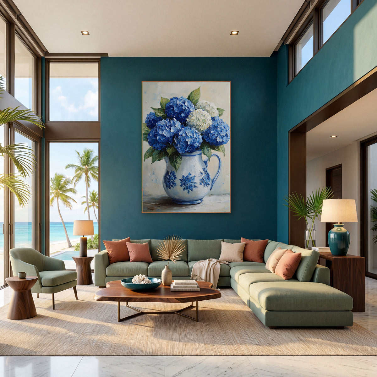 Blue White Hydrangea Pitcher Farmhouse wall art in a bright coastal-style room – blue and cream hydrangeas with green