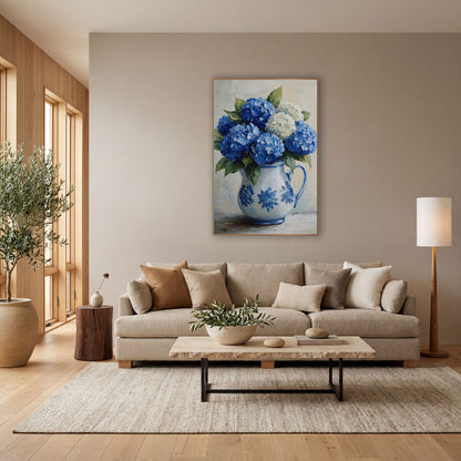 Blue White Hydrangea Pitcher Farmhouse wall art in a bright coastal-style room – blue and cream hydrangeas with green