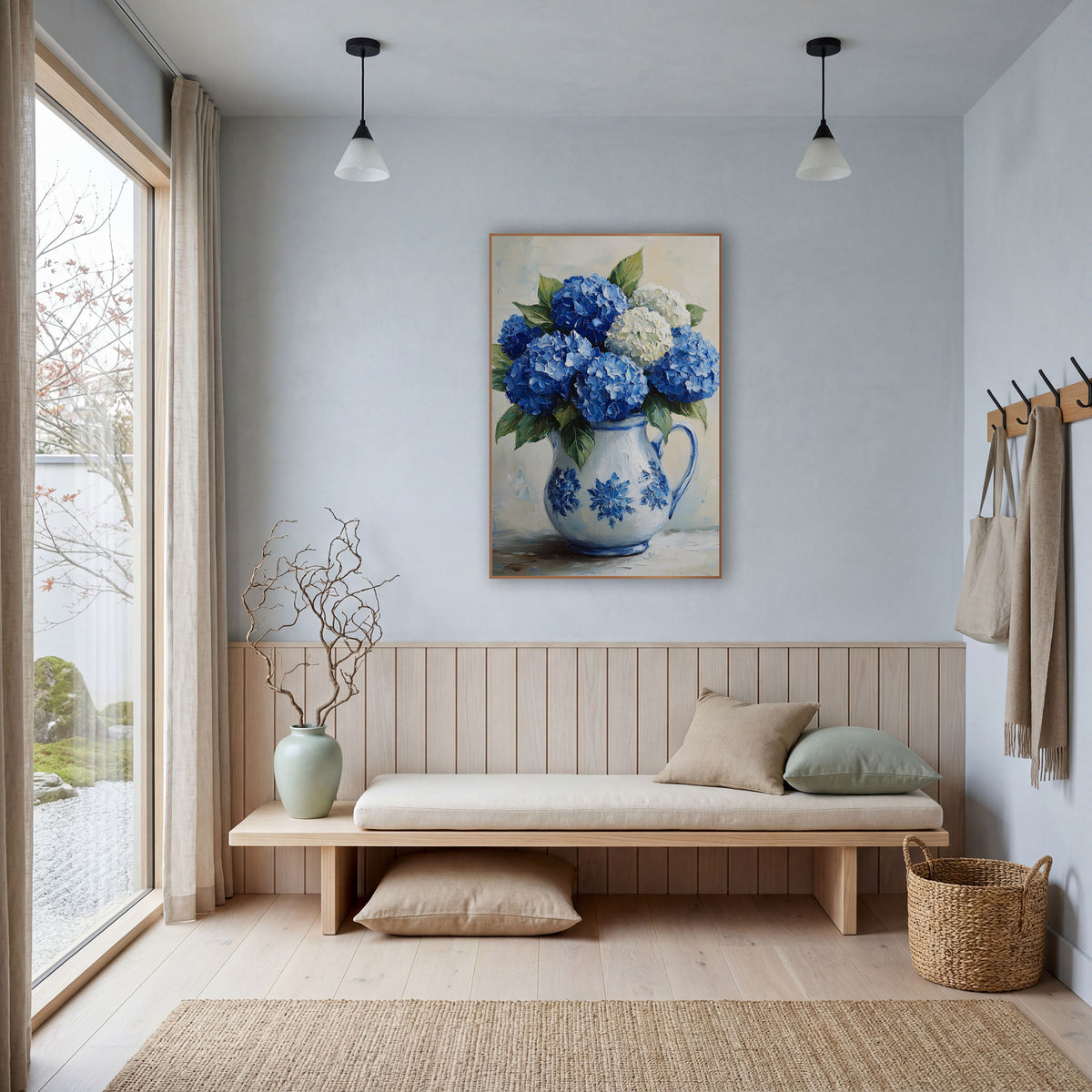 Blue White Hydrangea Pitcher Farmhouse wall art in a bright coastal-style room – blue and cream hydrangeas with green