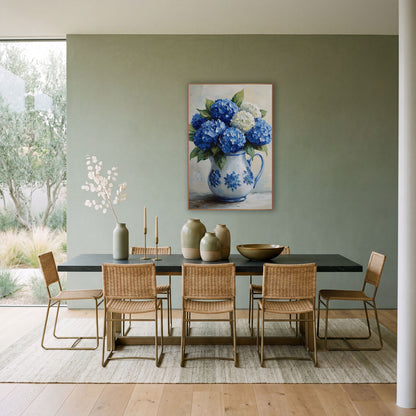 Blue White Hydrangea Pitcher Farmhouse wall art in a bright coastal-style room – blue and cream hydrangeas with green